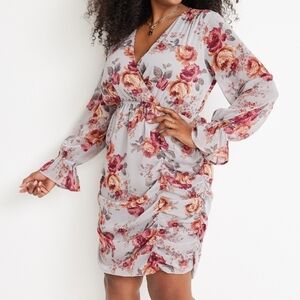 Maurices Gray Floral Print Faux Wrap Ruched Dress NWT